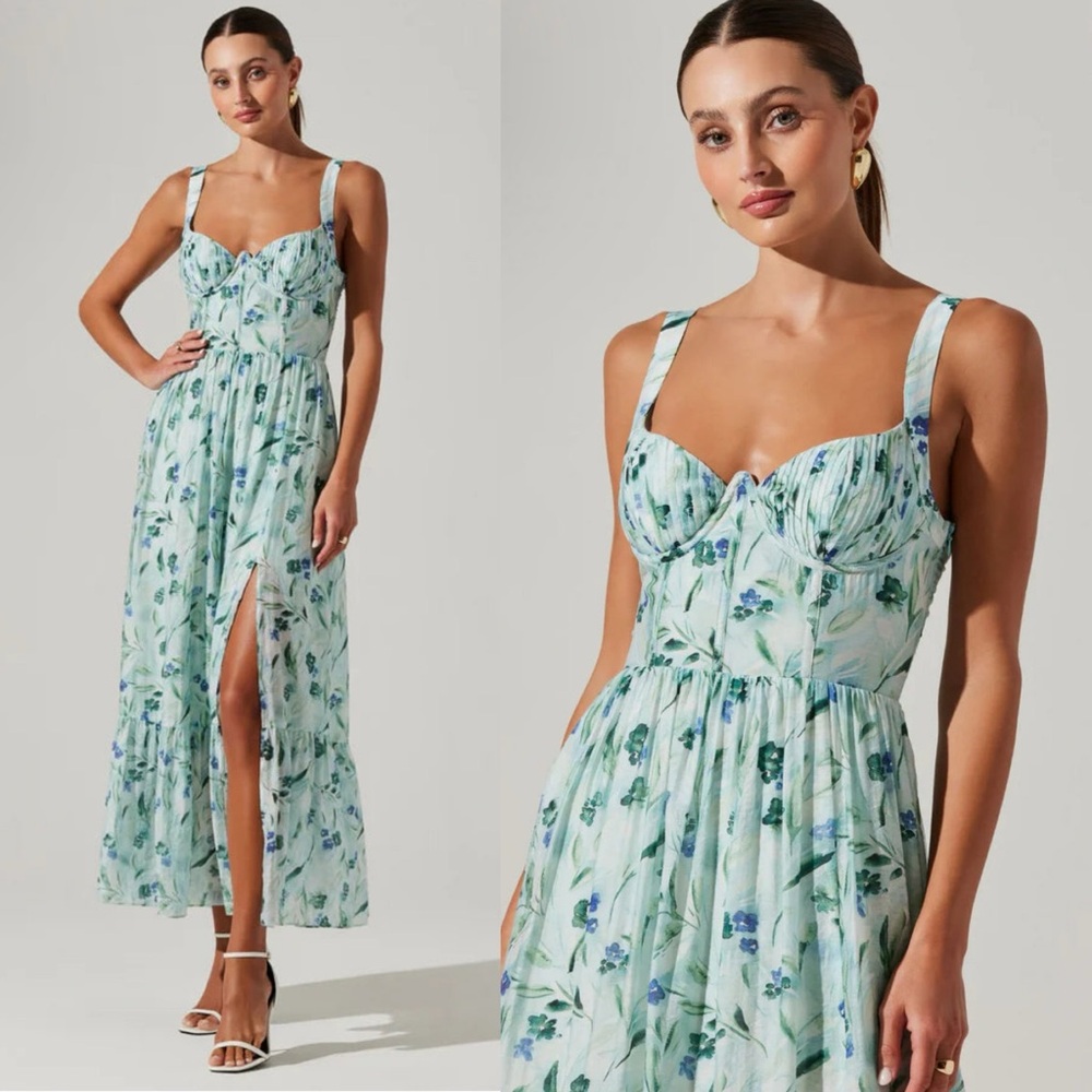 New ASTR Kelby Floral Bustier Lace Up Slit Maxi Dress